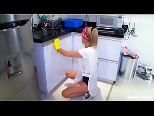 Blonde Maid Seduced By Pervert Rich Man, Fucked Her Kitchen With Condom On